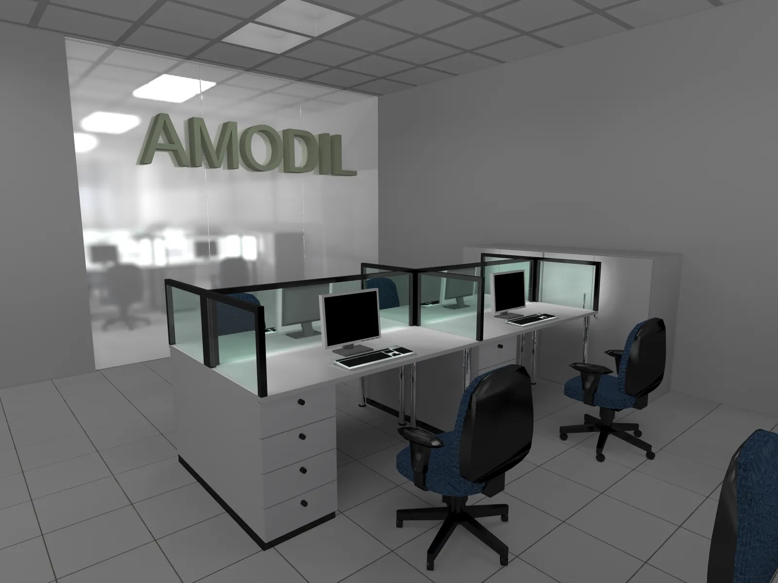 Render 3D de oficinas con puestos de trabajo y divisores vidriados